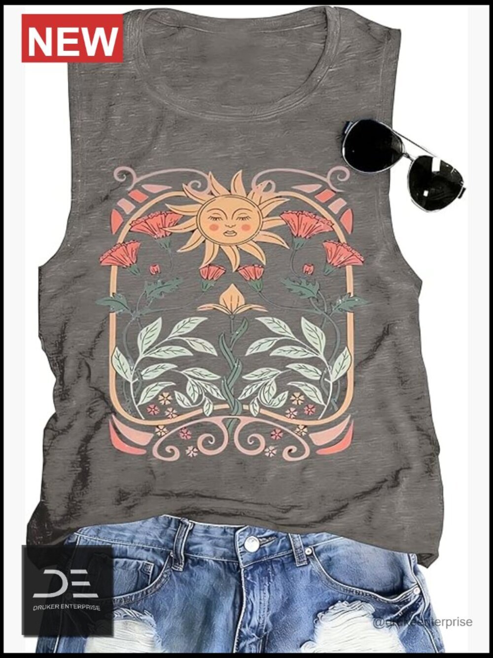 Boho Graphic Tank Top Muscle Workout Tunic Loose Fit Crew Neck